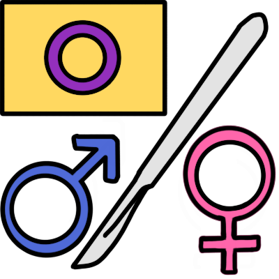 a scalpel separates a blue mars sign and a pink venus sign. an intersex flag is in the top left corner of the image, showing that the rest of the symbol has an intersex context.